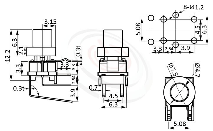 TRL-616TP系列 尺寸圖 輕觸帶燈開關Illuminated Switch ,Φ7.5 圓柱形帽蓋 ,尺寸 前後寬度16 , 版上高度7.5mm ,圓柱型鍵帽,臥式,90度側按,DIP ,6PIN,可選固定柱