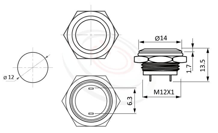 MP12T-2MF Series 尺寸圖,標示產品: Φ12mm超薄型、短款小型、平柄、無燈、無鎖復位、1NO常開接點、無燈防水按鈕的外型尺寸。| MP16TECH鉑達 提供各種 Waterproof Switch專業服務。