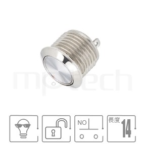 MP12T-2MF Series 零件外型示意圖,顯示防水按鈕Φ12mm,無鎖復歸,低矮型金屬按鈕的外觀,藉由圖片迅速確認產品外型。規格:M12開關尺寸無燈,1NO常開接點,瞬切回彈平柄,迷你型,小型短柄。