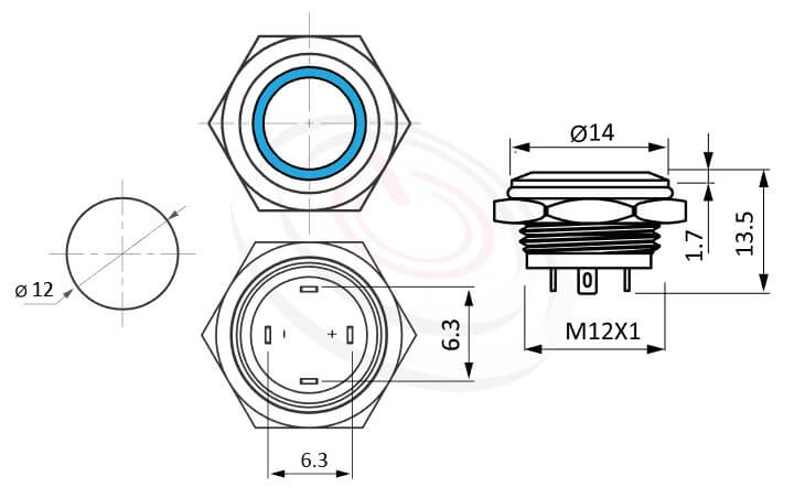 MP12T-4MF Series 尺寸圖,標示產品: Φ12mm超薄型、Ring Illuminated、平柄、環型LED、復位無段、常開接點、環型燈金屬帶燈開關的外型尺寸。| MP16TECH鉑達 提供各種 Waterproof metal push button switch專業服務。