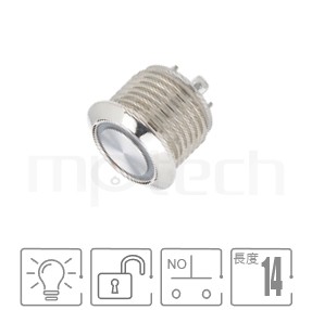 MP12T-4MF Series 零件外型示意圖,顯示防水按鍵Φ12mm,復歸回彈,低矮型防水帶燈按鍵的外觀,產品參數訊息在圖片中清楚顯示。各項參數:Φ12mm開孔Ring,1NO常開接點,復歸回彈平面,扁型,環狀燈。