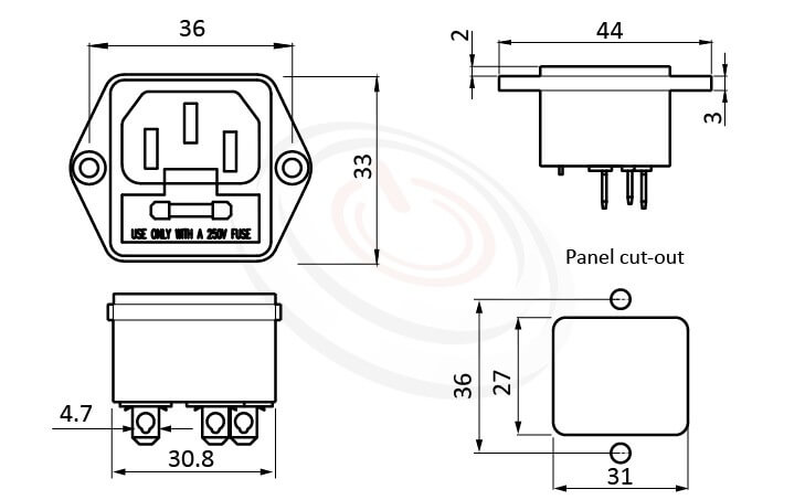 JR-101-1F-AC 尺寸圖 AC電源插座AC SOCKET ,3PIN焊線端子,180度,IEC 60320 C14, AC 插座+保險絲,二合一插座,螺絲鎖付,AC-021A DB-14 R-3015,AC INLET,安規VDE,CCC,UL,cUL,ENEC,