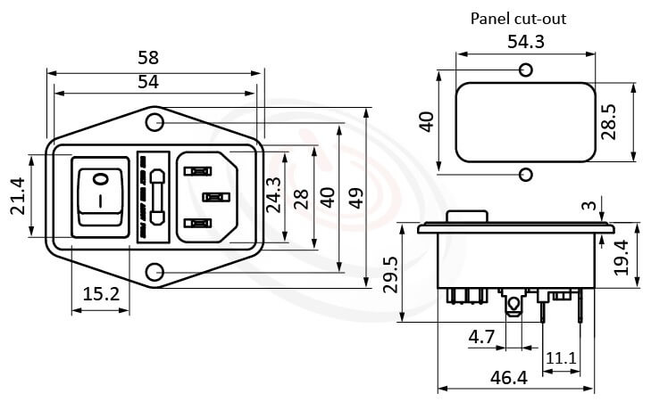 JR-101-1FR-03-AC 尺寸圖 AC電源插座AC INLET ,3PIN焊線端子,180度,IEC 60320 C14, AC 插座+保險絲+開關,三合一插座,螺絲鎖付,AC-023A DB-14-F5 R-3013S,AC INLET,安規UL,cUL,ENEC,VDE,CCC,