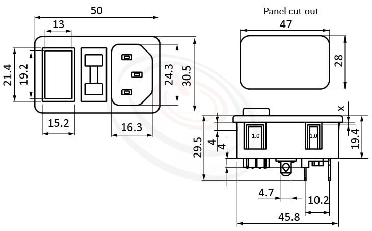 JR-101-1FRS-04-AC 尺寸圖 交流插座AC POWER SOCKET ,3PIN焊線端子,180度,IEC 60320 C14, AC 插座+保險絲+開關,三合一插座,卡式,AC-023B DB-14-F3 DB-14-F4 R-3014S,AC INLET,安規VDE,CCC,UL,cUL,ENEC,
