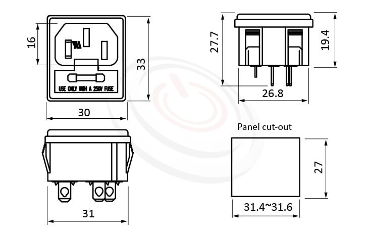 JR-101-1FS-AC 尺寸圖 AC電源插座AC SOCKET ,3PIN焊線端子,180度,IEC 60320 C14, AC 插座+保險絲,二合一插座,卡式,AC-021B DB-14-F2 R-3016,安規UL,cUL,ENEC,VDE,CCC,AC INLET,