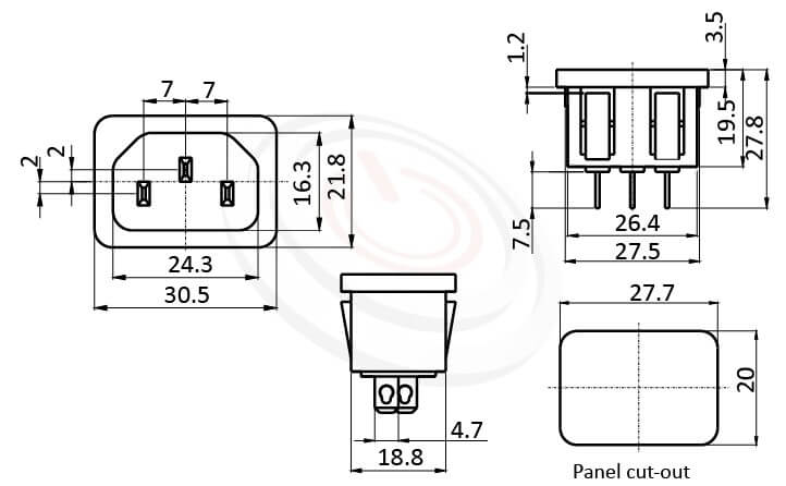 JR-101S-AC 尺寸圖 交流插座AC INLET/OUTLET ,3PIN焊線端子,180度,IEC 60320 C14, AC 插座,卡式,AC-011 AC-012 DB-14-2F R-301SN,AC INLET,安規UL,cUL,ENEC,VDE,CCC,
