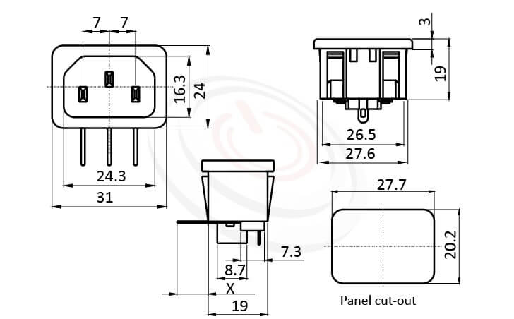 JR-101SGPCA-AC 尺寸圖 交流插座AC INLET/OUTLET ,3PIN,90度 90° DIP,IEC 60320 C14, AC 插座,卡式,AC-013 AC-014 DB-14-2P R-301SN,安規UL,cUL,ENEC,VDE,CCC,AC INLET,