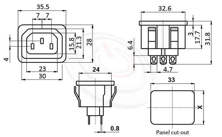 JR-121S-G-AC 尺寸圖 交流插座AC POWER SOCKET ,3PIN焊線端子,180度,IEC 60320 F,C13 AC 插座,卡式,AC-016 DB-F-2 R-302SN,AC OUTLET,UL,cUL,ENEC,VDE,CCC