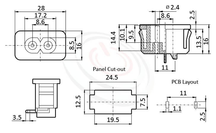 JR-201SPCB-AC 尺寸圖 交流插座AC INLET/OUTLET ,2PIN,90度 90° DIP,IEC 60320 C8,8字型,PCB插版,AC-020 DB-8 R-201A,AC INLET,安規UL,cUL,ENEC,VDE,CCC,