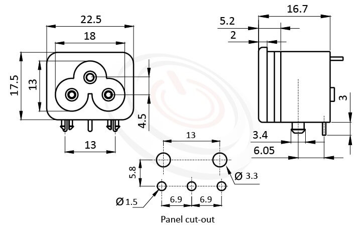 JR-307E-AC 尺寸圖 AC電源插座AC INLET ,3PIN,90度 90° DIP,IEC 60320 C6,米老鼠型插座,PCB插版,AC-024B DB-6 R-30790,AC INLET,安規VDE,CCC,UL,cUL,ENEC,