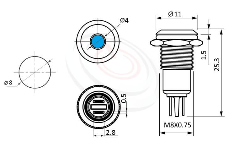 ML08-2A Series金屬LED指示燈(Metal LED Indicator) 概略尺寸圖,標示外型長度標示金屬LED指示燈(Metal LED Indicator) 的外型長度,信號燈 指示燈 metal LED Pilot Lamp,弧柄LED 指示燈,各式尺寸長度可靈活應用 | MP16TECH提供您最完整的防水金屬指示燈金屬按鈕開關產品與服務