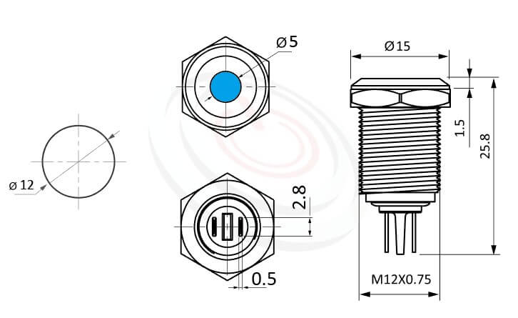 ML12-2AR Series概略尺寸圖,標示金屬外殼LED指示燈的外型長度,信號燈 指示燈 metal LED Pilot Lamp,弧柄LED 指示燈,給客戶驚豔的第一吸睛印象| MP16TECH提供您最完整的防水金屬指示燈金屬按鈕開關產品與服務