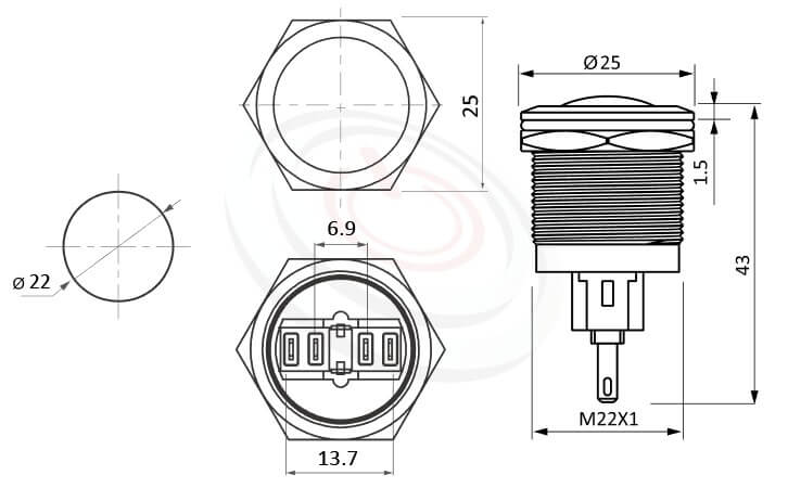 MP22-4ZR Series概略尺寸圖,標示控制按鈕開關 押扣開關的外型長度,,弧型,防水防塵防破壞,極致防護 防水防塵防化學腐蝕,對應KPB22,MPB22,MPS22,MW22,HK22B,HKYB22B,pbm22,cmp,J22,EJ22,bpb,mp22n,ft-22,lb22b,qn22,GQ22,LAS4GQ不帶燈金屬外殼電源按鈕,材質-黃銅,鋁合金,不銹鋼