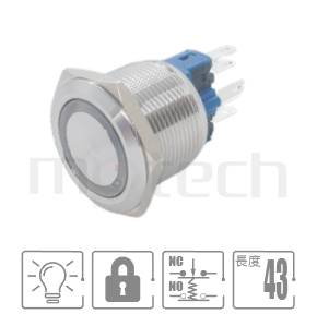 MP22-6ZF Series-照光式LED金屬按鈕,雙極性LED 防水、防塵、耐腐蝕,,22mm孔徑,1NO1NC,lock,平柄,指示燈開關,六種LED燈色可選，內含限流電阻,環型帶燈,平面環形燈平面對應KPB22,MPB22,MPS22,MW22,HK22B,HKYB22B,pbm22,cmp,J22,EJ22,bpb,mp22n,ft-22,lb22b,qn22,GQ22,LAS4GQ,材質-黃銅鍍鎳,不鏽鋼,鋁合金,自鎖防水/防塵/防化學腐蝕| MP16TECH提供您最完整的防水金屬按鈕開關產品與服務