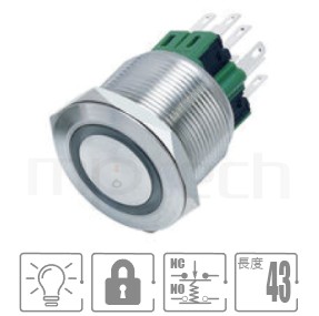 MP25-6ZF Series-天使眼金屬按鍵，自鎖有段按鈕開關,雙極LED燈珠,正反都可接 防塵防水防化學腐蝕,,開孔Φ25mm,一組常開+常閉接點1NO1NC,兩段式,平頭,LED帶燈按鈕開關,多種燈色可選,環狀,平面環形燈平柄可同等於KPB25,MPB25,MPS25,MW25,HK25B,HKYB25B,GQ25,pbm25,J25,EJ25,cmp,bpb,mp25n,ft-25,lb25b,qn25,材質-SUS,鋁合金,金屬外殼,自鎖式防水、防破壞、耐腐蝕| MP16TECH提供您最完整的防水金屬按鈕開關產品與服務