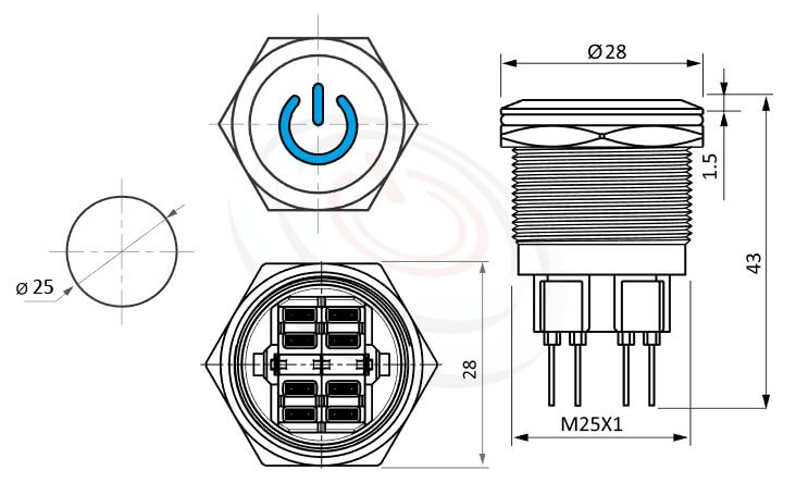 MP25-6ZP Series概略尺寸圖,標示照光式LED金屬按鈕,雙極性LED的外型長度,,平柄,IP65以上的防水等級 防水防塵防化學腐蝕,可對照於KPB25,MPB25,MPS25,MW25,HK25B,HKYB25B,J25,EJ25,GQ25,pbm25,cmp,bpb,mp25n,ft-25,lb25b,qn25power符號燈,材質-黃銅鍍鎳,不鏽鋼,鋁合金