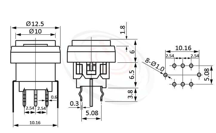 PB-310-1T5W系列 尺寸圖 自鎖帶燈開關 Lock Illuminated Switch ,Φ10 按鍵面 ,尺寸 8.5x8.5,版上高度12.5mm ,圓形鍵帽,立式,DIP ,帶燈圓形帽蓋