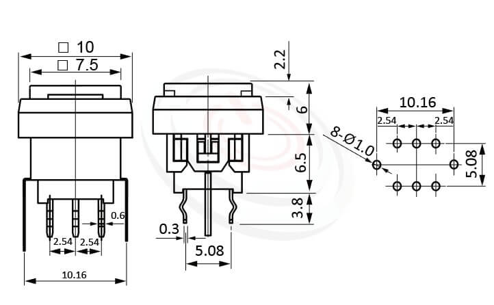 PB-310-3T1B系列 尺寸圖 LED自鎖按鈕開關Lock LED Push button ,7.5x7.5 按鍵面 ,尺寸 8.5x8.5,版上高度12.5mm ,方形鍵帽,立式,DIP ,帶燈方形帽蓋