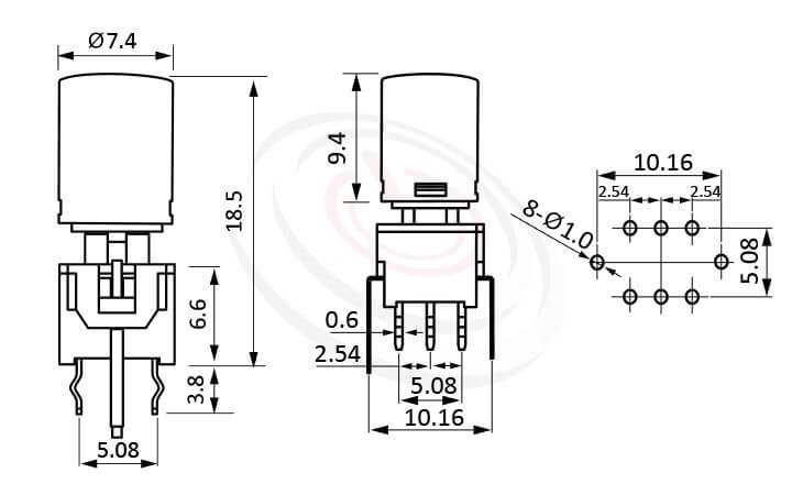 PB-310-AT系列 尺寸圖 帶燈開關 Illuminated Pushbuttons ,Φ7.4 按鍵面 ,尺寸 8.5x8.5,版上高度18.5mm ,圓柱形鍵帽,立式,DIP ,帶燈圓形帽蓋