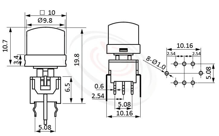 PB-310-B1D系列 尺寸圖 帶燈自鎖按鈕開關Illuminated Push Button ,Φ10 按鍵面 ,尺寸 8.5x8.5,版上高度19.8mm ,圓形鍵帽,立式,DIP ,帶燈圓形帽蓋
