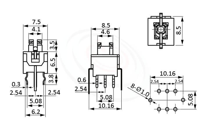 PB-310系列 尺寸圖 自鎖帶燈按鈕開關lock LED Pushbutton Switch ,4x5 按鍵面 ,尺寸 8.5x8.5,版上高度10mm ,無鍵帽,立式,DIP ,可搭配帽蓋