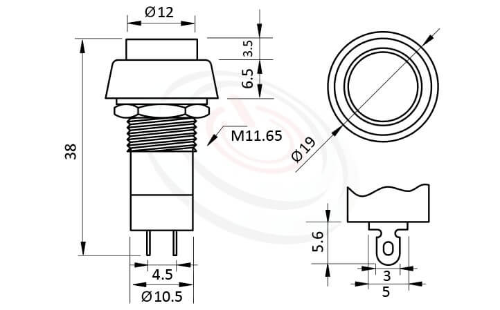 PS-304系列 尺寸圖 自鎖按鈕開關Lock Push button Switch,OFF-ON,SPST,1P1T迴路,總長度38mm ,圓形, 螺母固定 ,自鎖/有段
