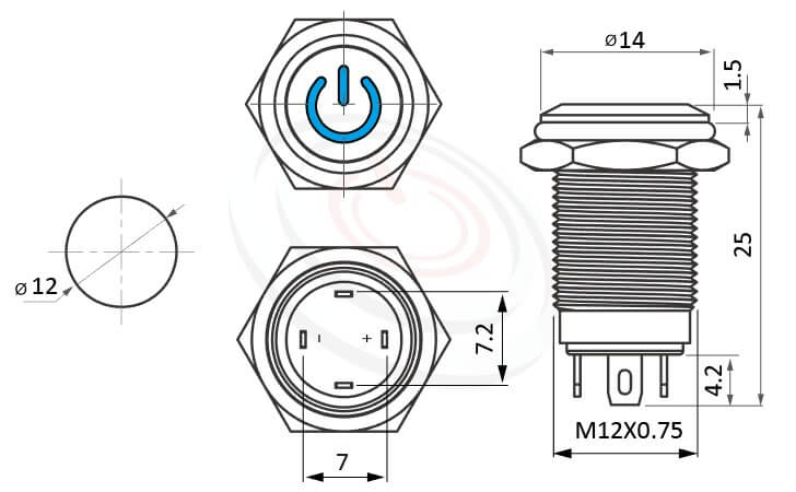 MP12-4ZP Series概略尺寸圖,標示照光式金屬按鈕的外型長度,,平圓形中間啟動電源符號,各式尺寸長度可靈活應用,天使眼金屬開關,Φ12 開孔尺寸,自復自鎖改裝按鈕 面板外徑14mm | MP16TECH提供您最完整的防水金屬按鈕開關產品與服務