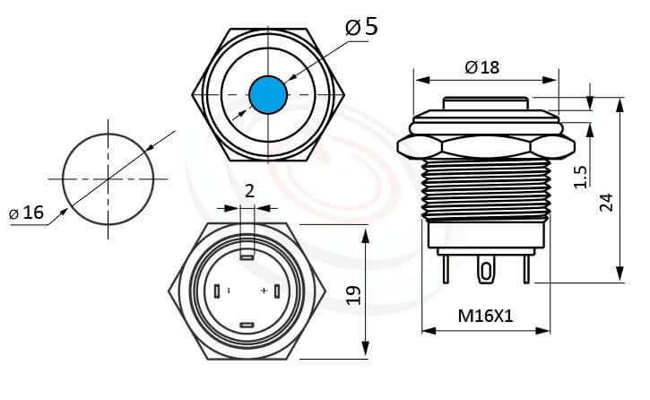 MP16-4MV Series 尺寸圖,標示產品: Φ16mm短柄小型、高柄、高頭、單點燈、無段復位、SPST-NO、單點LED帶燈防水開關的外型尺寸。| MP16TECH鉑達 提供各種 anti-vandal Switches專業服務。