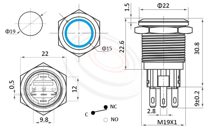 MP19-5MFX Series 尺寸圖,標示產品: Φ19mm黑殼防水開關、無段復位、平型、環型燈、無鎖復歸、SPDT-NO/NC、圓型燈防水帶燈開關的外型尺寸。| MP16TECH鉑達 提供各種 metal pushbutton switches專業服務。