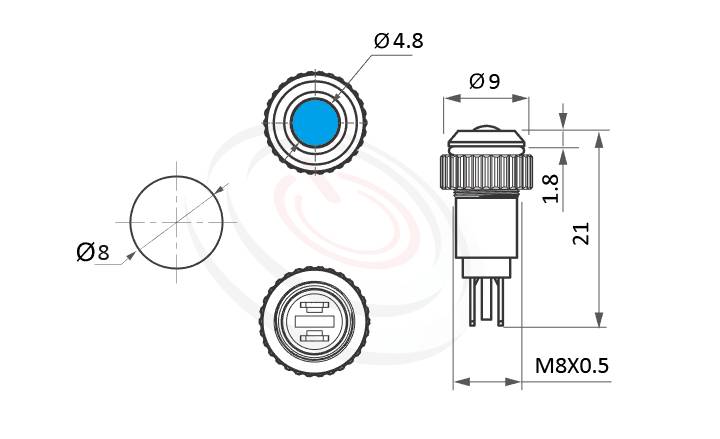 ML08-2AD Series概略尺寸圖,標示金屬LED指示燈(Metal LED Indicator) 的外型長度,信號燈 指示燈 metal LED Pilot Lamp,烤爐指示燈 烤箱信號燈 高亮度LED 指示燈,給客戶驚豔的第一吸睛印象| MP16TECH提供您最完整的防水金屬指示燈金屬按鈕開關產品與服務