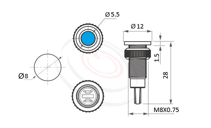 ML08-2AF Series概略尺寸圖,標示金屬LED指示燈(Metal LED Indicator) 的外型長度,信號燈 指示燈 metal LED Pilot Lamp,平柄LED 指示燈,眼睛為之一亮的開關新選擇 | MP16TECH提供您最完整的防水金屬指示燈金屬按鈕開關產品與服務