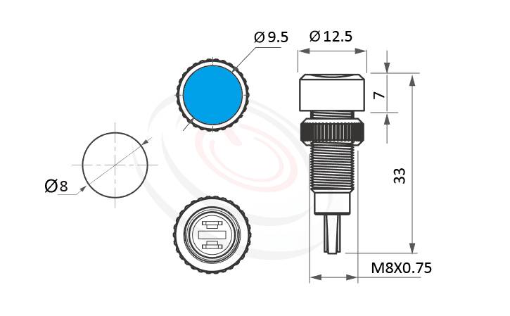ML08-2AH Series概略尺寸圖,標示金屬指示燈的外型長度,信號燈 指示燈 內建電阻 metal LED Pilot Lamp,高柄LED 不發燙 指示燈,防水防塵防破壞,極致防護| MP16TECH提供您最完整的防水金屬指示燈金屬按鈕開關產品與服務