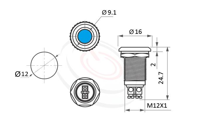 ML12-2ARL Series概略尺寸圖,標示螺絲接線 ,螺絲固定,鎖螺絲,螺絲腳,金屬LED指示燈(Metal LED Indicator) 的外型長度,信號燈 指示燈 metal LED Pilot Lamp,弧面LED 指示燈,亮眼外觀,引人注目| MP16TECH提供您最完整的防水金屬指示燈金屬按鈕開關產品與服務