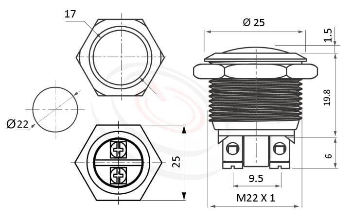 MP22-2MRL Series概略尺寸圖,標示金屬按鈕的外型長度,螺絲端子螺絲腳,Screw Terminal球面金屬按鈕,防破壞防暴開關按鈕系列，金屬不銹鋼本體耐衝擊具抗破壞性，操作穩定可靠度高, 孔徑、長度、螺牙、端子配置尺寸圖,IP65以上的防水等級22mm復位金屬原色球柄防水按鍵押扣按鈕 | MP16TECH提供您最完整的防水金屬按鈕開關產品與服務