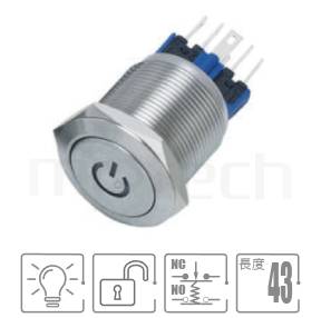 MP22-6MP Series-帶燈金屬按鈕開關,LED雙晶片無極性無方向性防破壞防水防暴金屬開關不鏽鋼按鈕按鍵 防塵防水防化學腐蝕,,開關尺寸22mm,1NO1NC,復位無段,平柄,LED燈金屬開關,LED帶燈,六種燈色可選,帶燈字符,平面電源符號22mm尺寸帶燈字符無鎖復歸指示燈開關,六種LED燈色可選，內含限流電阻平頭工業開關及指示燈種類豐富，可對應的面板安裝孔徑從8mm 到30mm門禁系統 按壓式開門按鈕 | MP16TECH提供您最完整的防水金屬按鈕開關產品與服務電源符號可對應於GQ22,J22,EJ22,KPB22,MPB22,MPS22,MW22,HK22B,HKYB22B,pbm22,cmp,bpb,mp22n,ft-22,lb22b,qn22,材質-黃銅,鋁合金,不銹鋼,復歸回彈-IP/IK防護| MP16TECH提供您最完整的防水金屬按鈕開關產品與服務