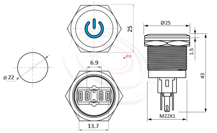MP22-6MP Series概略尺寸圖,標示開機符號LED帶燈金屬按鈕開關的外型長度,復位電源符號金屬按鍵壓扣按鈕,平柄,金屬質感,氣勢非凡Φ22 開孔尺寸電源logo複歸帶燈金屬按鈕開關,多種顏色可選平面 | MP16TECH提供您最完整的防水金屬按鈕開關產品與服務