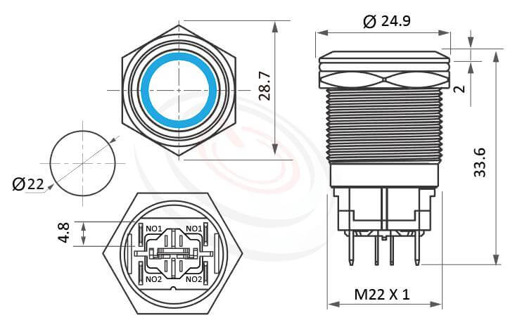 MP22H-6MF Series概略尺寸圖,標示大電流金屬按鈕開關,高電流照光金屬按鈕的外型長度,短款| 防水、防破壞,短款,Φ22mm開孔,2NO,無鎖,平柄,大電流LED帶燈按鈕開關,多種燈色可選,環形帶燈