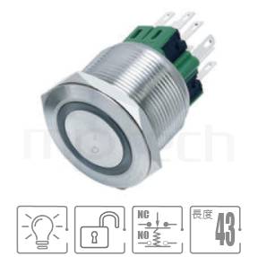 MP25-6MF Series-照光LED金屬按鈕,復位無鎖防水帶燈金屬按鍵| 防水防塵,一組常開+常閉接點1NO1NC,Φ25mm開孔,復歸,平圓型,環形帶燈,平面環形燈，開關尺寸25mm光圈金屬帶燈自復帶燈金屬開關,平柄,25mm 金屬開關按壓式開門按鈕 金屬開門按鈕 | MP16TECH提供您最完整的防水金屬按鈕開關產品與服務