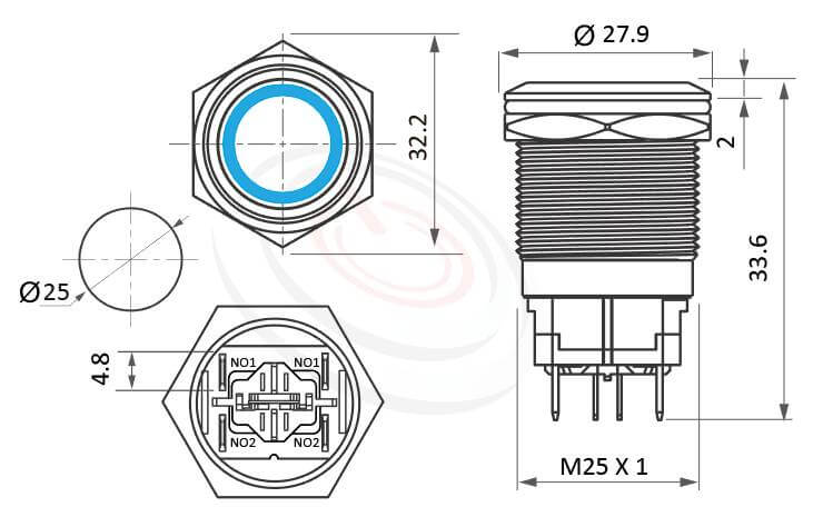 MP25H-6MF Series概略尺寸圖,標示大電流金屬按鈕開關,高電流照光金屬開關的外型長度,短按鈕,平頭,高電流帶燈金屬按鍵-IP65以上防水等級,短柄,孔徑25mm,二組常開接點2NO,無段,平頭,大電流天使眼金屬壓扣開關,亮眼外觀,引人注目,高電流押扣開關
