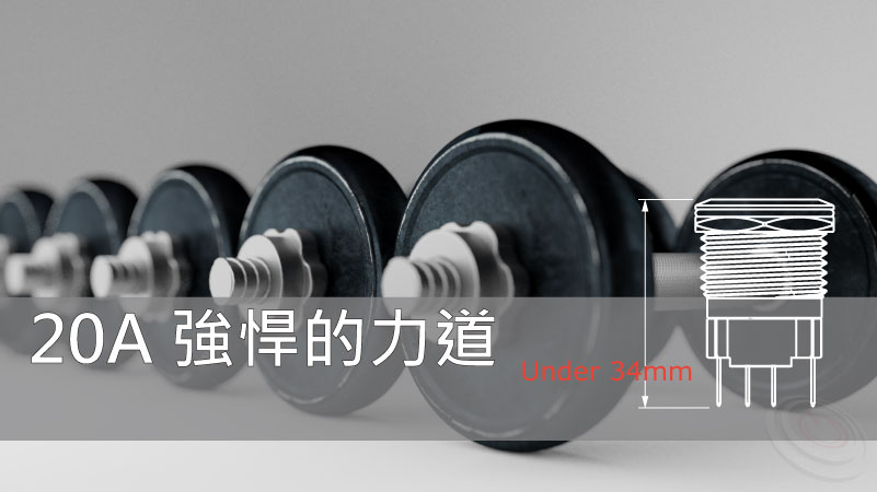 20A大電流 強悍的力道, MP-H 大電流金屬按鈕開關系列，採用了強化材料，直接提升了接點容量，使開關能處理的功率更大、更強、更高，更能承受大功率負載切換瞬間所帶來的接點損耗。Φ22mm Φ25mm — 額定電流可達20A Φ16mm Φ19mm — 額定電流可達18A