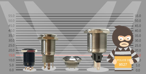 薄型金屬按鍵與其他標準金屬開關比較圖,降低了53%高度,節省了一半的空間