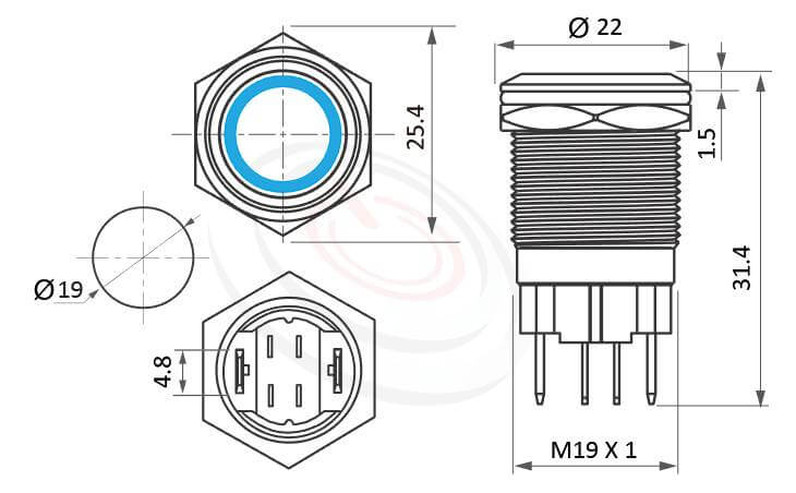 MP19H-4MF Series 尺寸圖,標示產品: Φ19mm大電流、自復回彈、平柄、環型燈、復位無段、1NO、環形燈防水按鈕開關的外型尺寸。| MP16TECH鉑達 提供各種 metal pushbutton switches專業服務。