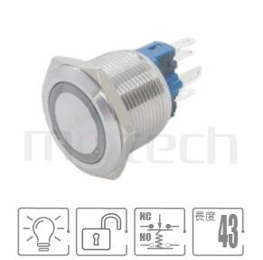 MP22-6MF Series 零件外型示意圖,顯示防水按鈕Φ22mm,瞬切回彈,回彈觸發防水帶燈開關的外觀,立即從圖片確認是否符合需求。參數規格:孔徑22mm環形燈,1NO+1NC,無段復位平鈕,復歸回彈,圓型光圈。