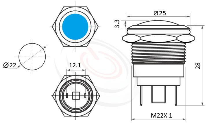 ML22-2AD Series概略尺寸圖,標示防水指示燈的外型長度,信號燈 指示燈 metal LED Pilot Lamp,弧柄LED 指示燈,不凡的操作介面為產品大大加分