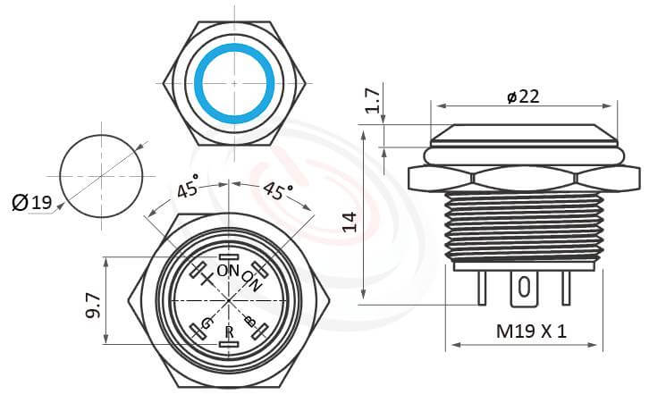 MP19T-5MF Series概略尺寸圖,標示紅綠，紅藍，雙色 超薄短款防水開關，帶燈LED金屬按鈕,內建LED限流電阻的外型長度，雙色金屬開關,紅綠,紅藍超薄型短柄,長度縮短,體積迷你,極短款,平面,各式尺寸長度可靈活應用 | MP16TECH提供您最完整的防水金屬按鈕開關產品與服務防水/防塵/防化學腐蝕,可對應GQ19,LAS1-BGQ,MPB19,MPS19,MW19,HK19B,HKYB19B,LAS1-AGQ,LAS1GQ,pbm19,cmp,bpb,mp19n,ft-19,lb19b,qn19,J19,EJ19平圓型,材質-鋁機殼,陽極處理外殼,不銹鋼金屬殼