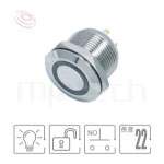 19mm,Φ19,1NO,復歸無鎖,帶燈,平面環形燈 | 帶燈 照光式 LED發光金屬開關 LED 燈色, 燈壓5V 6V 12V 24V 110V 220V LED帶燈,MP19-4MF 系列防水/防塵/防化學腐蝕,短柄,19mm,1NO一組常開接點,自複式回彈,平面,LED帶燈按鈕開關,多種燈色可選,環形帶燈 | MP16TECH提供您最完整的防水金屬按鈕開關產品與服務