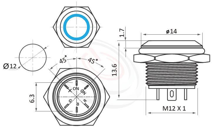 MP12T-5MF Series 尺寸圖,標示產品: Φ12mm薄型、雙色LED、平柄、圓型燈、自復回彈、1NO常開接點、環狀燈防水帶燈按鍵的外型尺寸。| MP16TECH鉑達 提供各種 Vandal Resistant Switches專業服務。