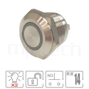 MP12T-5MF Series 零件外型示意圖,顯示防水開關Φ12mm,無鎖復歸,迷你型防水按鈕開關的外觀,各項規格:孔徑12mm圓型光圈,NO接點,復歸回彈平柄,極短款,雙色:紅綠、紅藍。