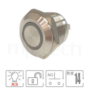 MP12T-6MFRGB Series 零件外型示意圖,顯示防水按鈕Φ12mm,復歸回彈,極短款防水金屬開關的外觀,藉由圖片迅速確認產品外型。參數規格:孔徑12mm Ring illuminated,SPST,復歸回彈平形,超短款,RGB三色LED。