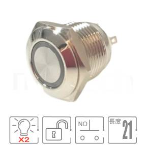 MP16E-5MFRG Series 零件外型示意圖,顯示金屬開關Φ16mm,無鎖復位,可選用共陽極或共陰極的雙色LED防水帶燈開關,圖片可迅速確認開關外觀。規格:16mm孔徑環狀燈,1NO,SPST,復位無段平鈕,RG、 RB雙色,小型短款。